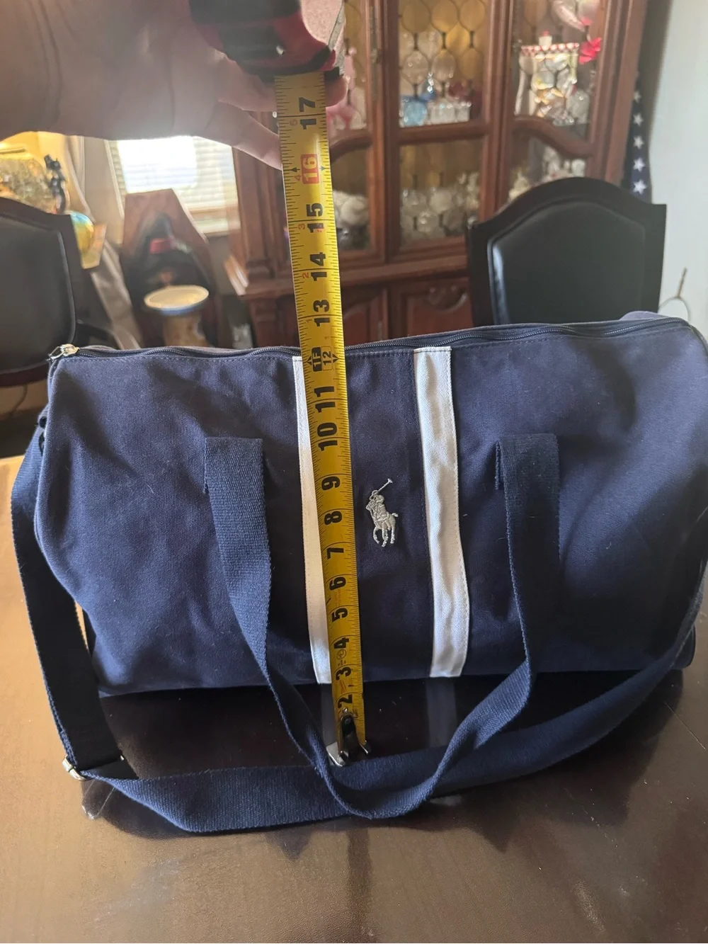 Ralph Lauren Navy Duffel with White Center Stripe and Polo Logo